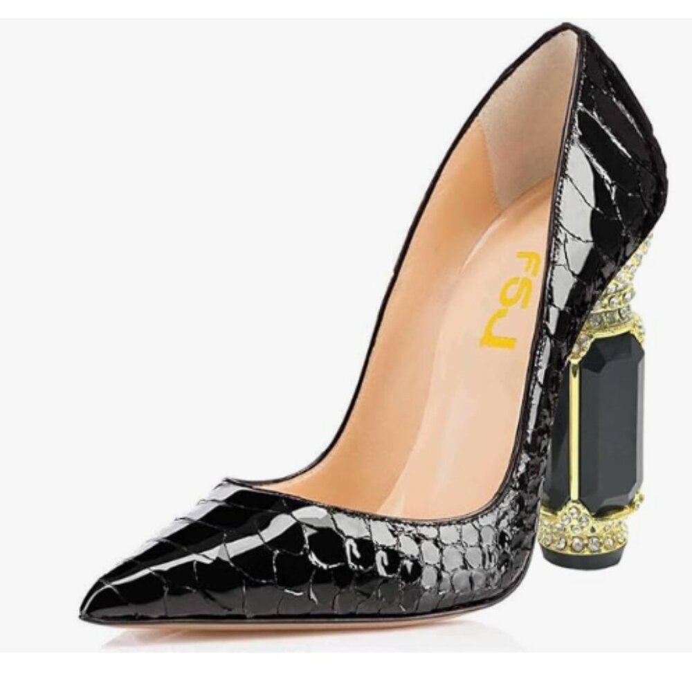 Fsj Black Snake Print Pointed Toe Block High Heel… - image 1